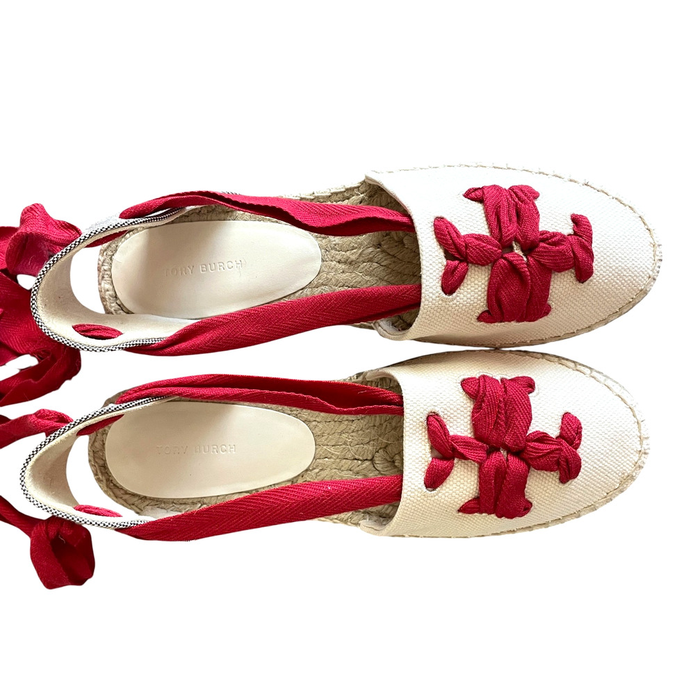TORY BURCH Size 10 Woven Double T Espadrille Red Wrap-Around Tie Platform Flats - Picture 10 of 13